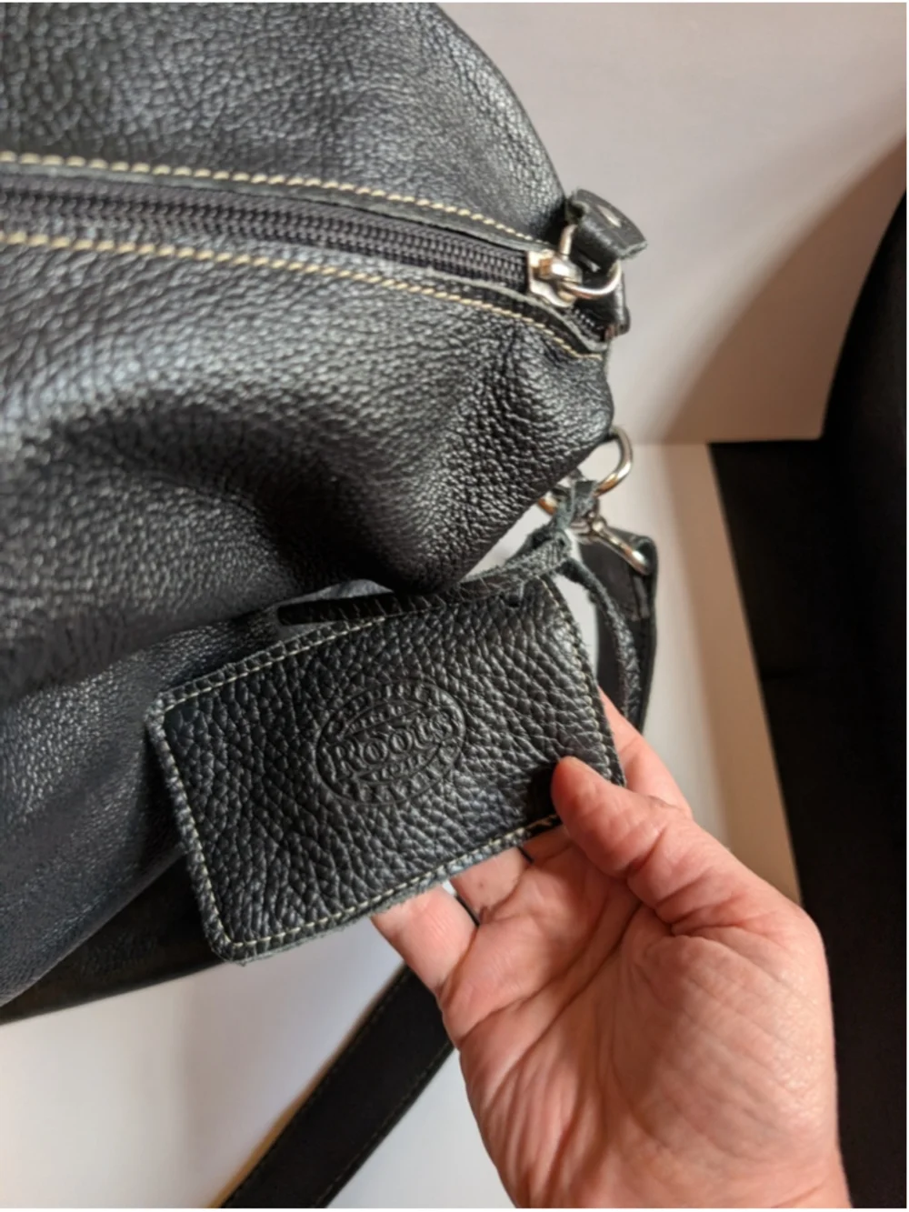 Roots Large Black Leather Shoulder Bag with Canvas Straps